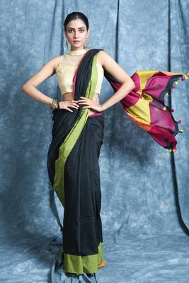 Black plain blended cotton saree with blouse 1