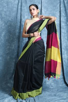 Black plain blended cotton saree with blouse 2