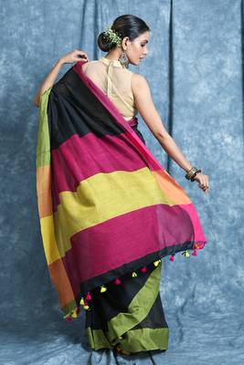 Black plain blended cotton saree with blouse 3