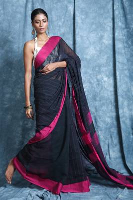 Black plain blended cotton saree with blouse 1