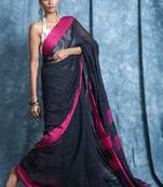 Black plain blended cotton saree with blouse