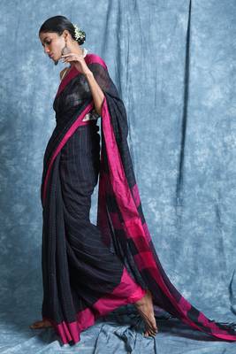 Black plain blended cotton saree with blouse 2
