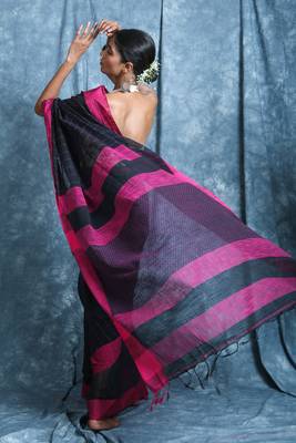Black plain blended cotton saree with blouse 3