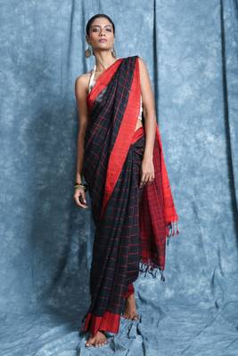 Black plain blended cotton saree with blouse 1