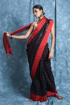 Black plain blended cotton saree with blouse 1