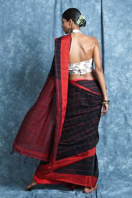 Black plain blended cotton saree with blouse 3