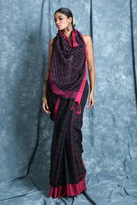 Black plain blended cotton saree with blouse 1