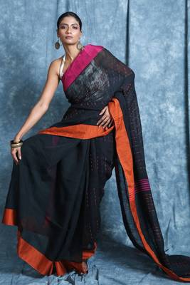 Black plain blended cotton saree with blouse 1