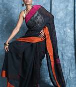 Black plain blended cotton saree with blouse