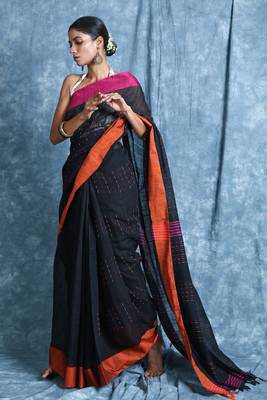 Black plain blended cotton saree with blouse 2