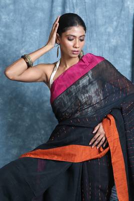 Black plain blended cotton saree with blouse 4
