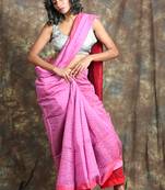 Pink plain blended cotton saree with blouse