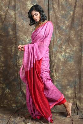 Pink plain blended cotton saree with blouse 2