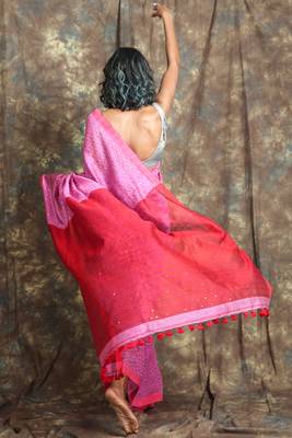 Pink plain blended cotton saree with blouse 3
