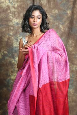 Pink plain blended cotton saree with blouse 4