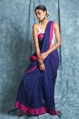 Blue plain blended cotton saree with blouse 1