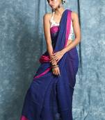 Blue plain blended cotton saree with blouse