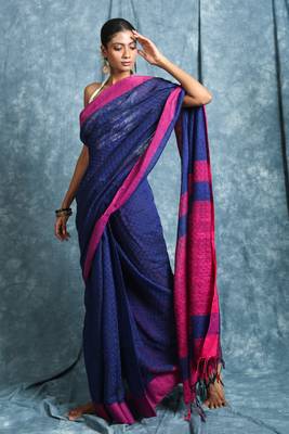 Blue plain blended cotton saree with blouse 2