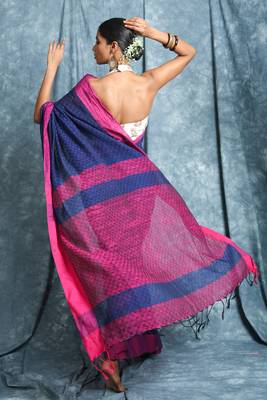 Blue plain blended cotton saree with blouse 3