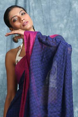 Blue plain blended cotton saree with blouse 4