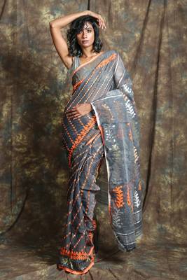 Dark Grey Woven Blended Cotton Saree Without Blouse 1