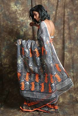 Dark Grey Woven Blended Cotton Saree Without Blouse 2