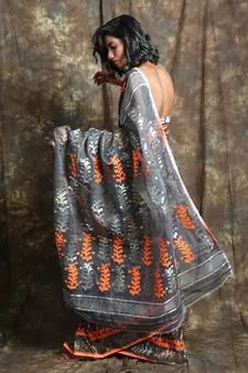 Dark Grey Woven Blended Cotton Saree Without Blouse