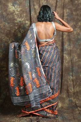 Dark Grey Woven Blended Cotton Saree Without Blouse 3