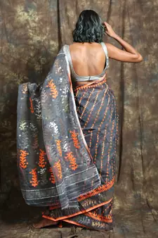 Dark Grey Woven Blended Cotton Saree Without Blouse