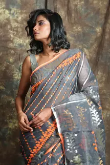 Dark Grey Woven Blended Cotton Saree Without Blouse