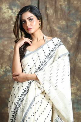 Off white woven blended cotton saree  4