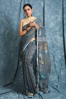 Dark Grey Woven Blended Cotton Saree Without Blouse