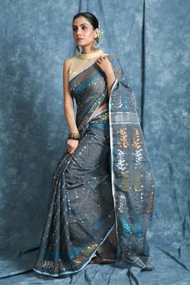 Dark Grey Woven Blended Cotton Saree Without Blouse 2