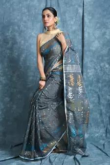 Dark Grey Woven Blended Cotton Saree Without Blouse