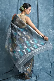 Dark Grey Woven Blended Cotton Saree Without Blouse