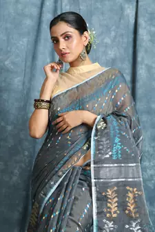 Dark Grey Woven Blended Cotton Saree Without Blouse