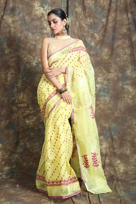 Yellow woven blended cotton saree  1