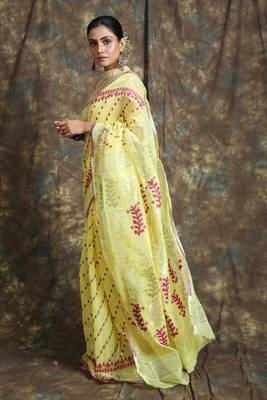 Yellow woven blended cotton saree  2