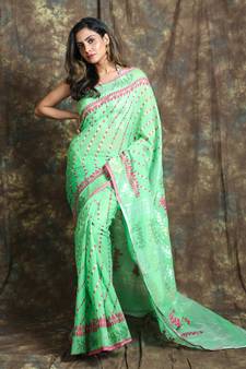 Light Green Woven Blended Cotton Saree Without Blouse