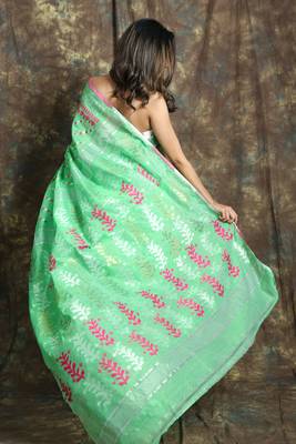 Light Green Woven Blended Cotton Saree Without Blouse 3