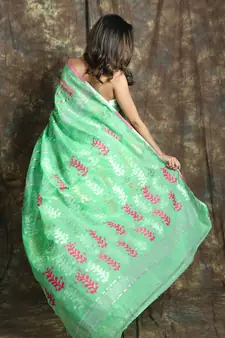 Light Green Woven Blended Cotton Saree Without Blouse