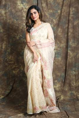 Off white woven blended cotton saree  1