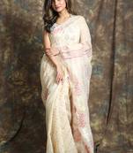 Off white woven blended cotton saree 