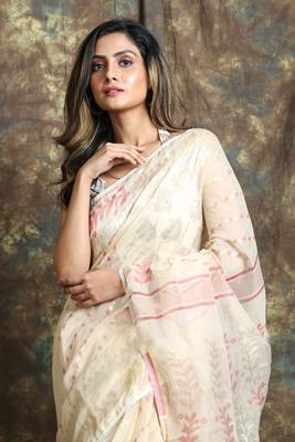 Off white woven blended cotton saree  4