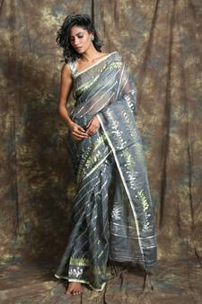 Dark Grey Woven Blended Cotton Saree Without Blouse