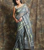 Dark Grey Woven Blended Cotton Saree Without Blouse