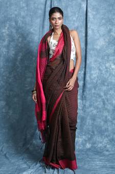 Brown plain blended cotton saree with blouse