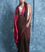 Brown plain blended cotton saree with blouse