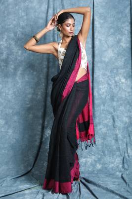 Black plain blended cotton saree with blouse 1