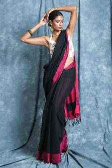 Black plain blended cotton saree with blouse